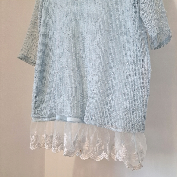 Elena Wang | Pastel blue long knit sweater with sequins & lace trim - Picture 5 of 11
